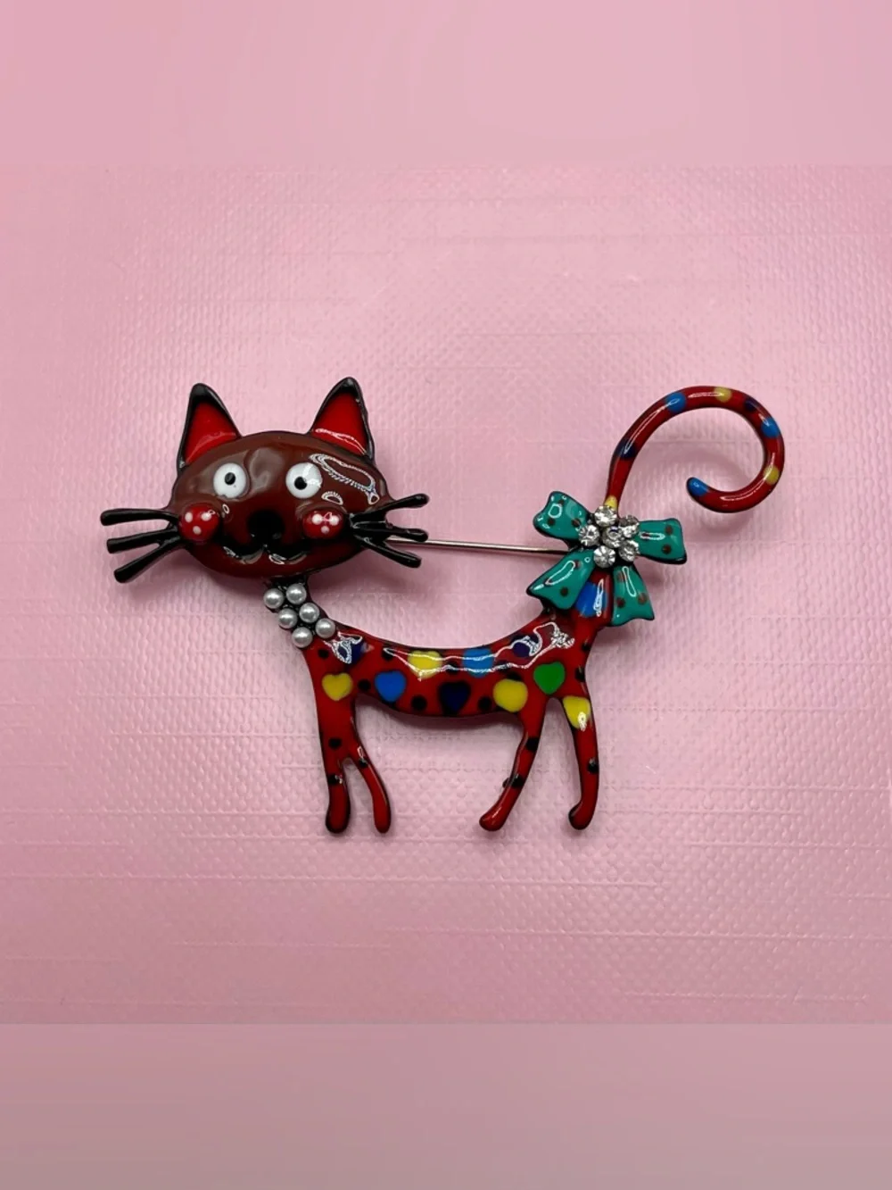 Whimsical Red Cat Brooch with Multicolor Hearts and Teal Bow - Picture 4 of 4